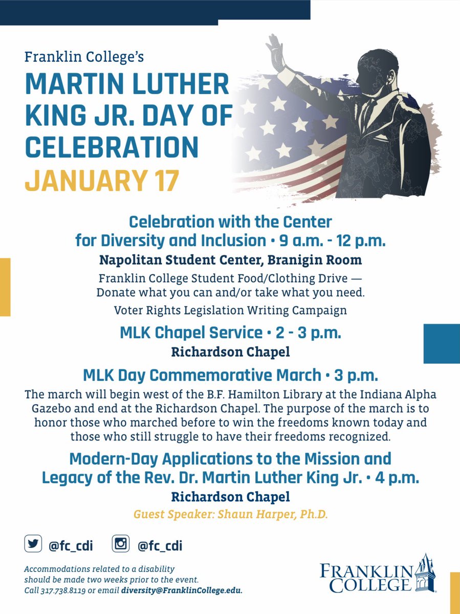 Good Morning Everyone, and Happy MLK Day!
 
Here on campus, we’ll be having an all-day Martin Luther King Jr. Day of Celebration TODAY, Monday, January 17, 2022.