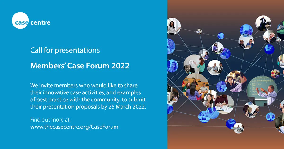 TheCaseCentre's tweet photo. New for 2⃣0⃣2⃣2⃣, we bring you the Members' Case Forum - an exclusive event for staff at our member organisations, designed to bring the #casemethod community together to share ideas, innovations &amp; best practice.

Submit your presentation proposals 👉 https://t.co/CAFVYeLNrl https://t.co/RuwG0tuULq