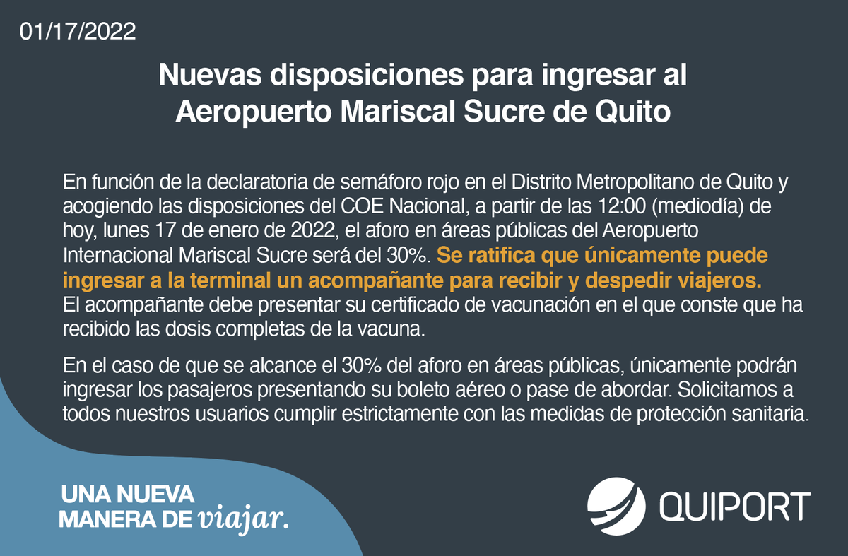 AeropuertoUIO's tweet photo. ⚠️ATENCIÓN⚠️
El #AeropuertoUIO acoge las disposiciones del COE Nacional frente al aumento de casos COVID-19 en el país.
#UnaNuevaManeraDeViajar https://t.co/yiZGRboaCB