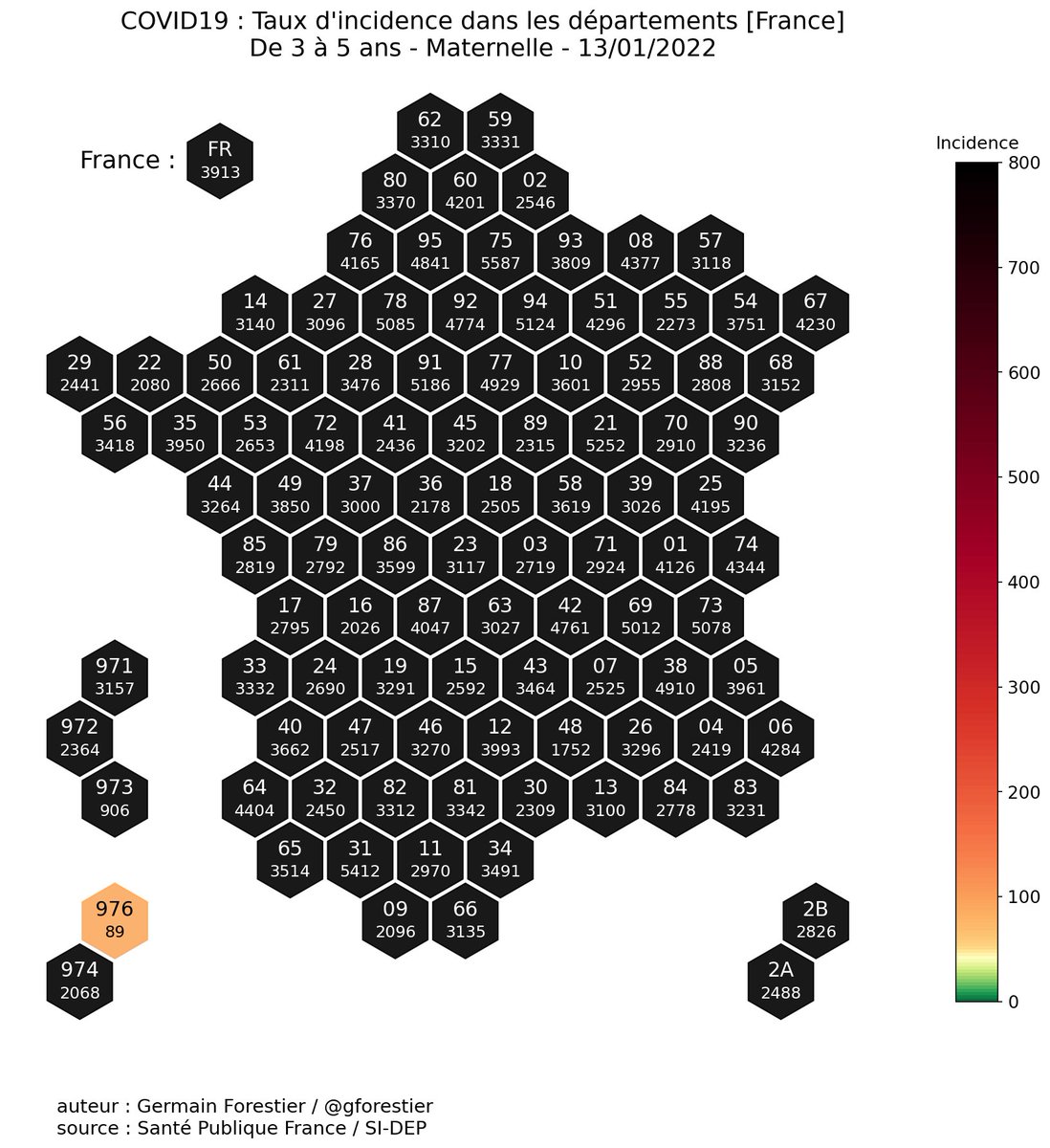 cafepedagogique's tweet photo. Covid : la France est maintenant totalement en noir aussi pour la maternelle  qui atteint un taux d'incidence de 3913 : 1 enfant par classe a le covid en moyenne. Et il n'a pas de masque... On est plus loin de 6000 à Paris https://t.co/TbX0SJVdYC