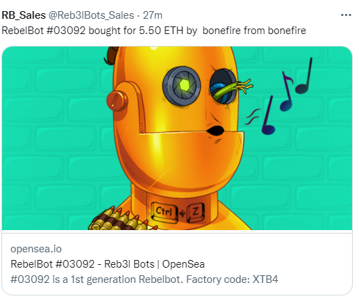 REBEL_BOTS's tweet photo. 🚨 New ATH price Alert 🚨
Another #goldbot was sold for a new record of 5.5 ETH! 
Probably something 🚀 https://t.co/386SfN4Cj0