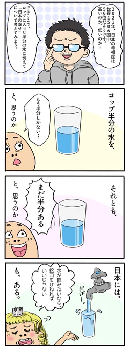幸福度ランキング56位の日本の幸せについて、コップ半分の水に例えるマンガ 