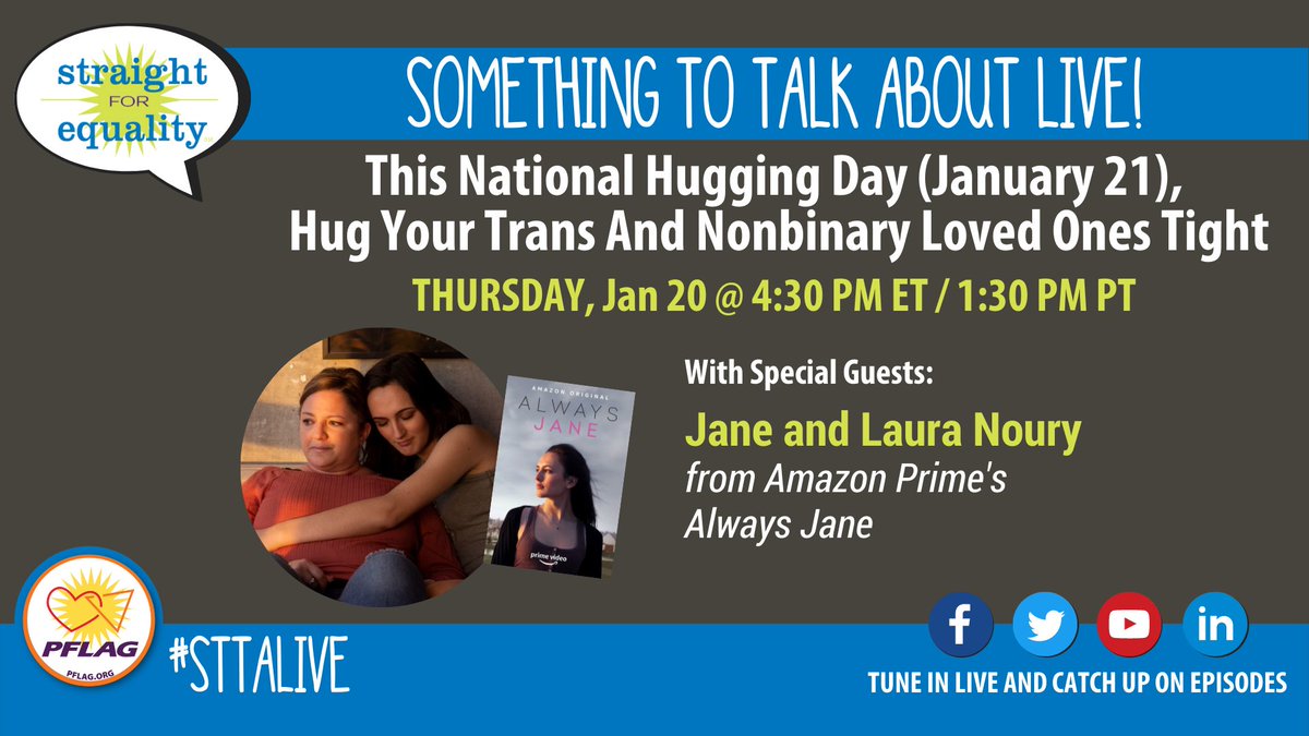 PFLAG's tweet photo. Join us here on Thur 1/20 4:30pm ET/1:30pm PT for #STTALive! We'll speak with Laura and Jane Noury of @PrimeVideo's #AlwaysJane to discuss @KerryBreen826's article for @TODAYshow on gender identity.
You can also catch the chat #FacebookLive and #YouTubeLive! https://t.co/ShYVQPM3ie