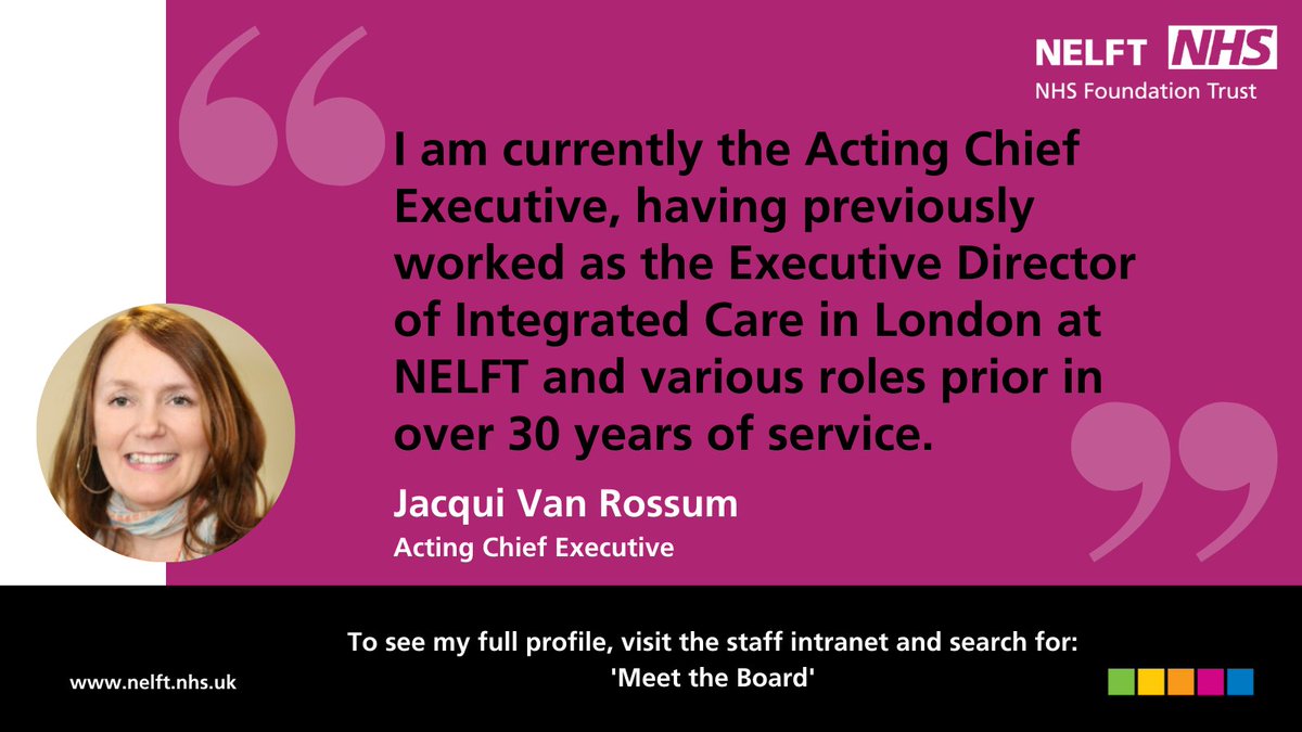 NELFT Lets Engage (@nelftletsengage) on Twitter photo Today we've launched our Meet the Board campaign. A chance for staff to get to know the people behind the big decisions at NELFT. We start with our new acting Chief Exec <a href="/JacquiVanRossum/">Jacqui Van Rossum</a>.
🔍Search 'Meet the Board' on the intranet to find out more about Jacqui & her two pooches.🐶 Today we've launched our Meet the Board campaign. A chance for staff to get to know the people behind the big decisions at NELFT. We start with our new acting Chief Exec <a href="/JacquiVanRossum/">Jacqui Van Rossum</a>.
🔍Search 'Meet the Board' on the intranet to find out more about Jacqui & her two pooches.🐶
