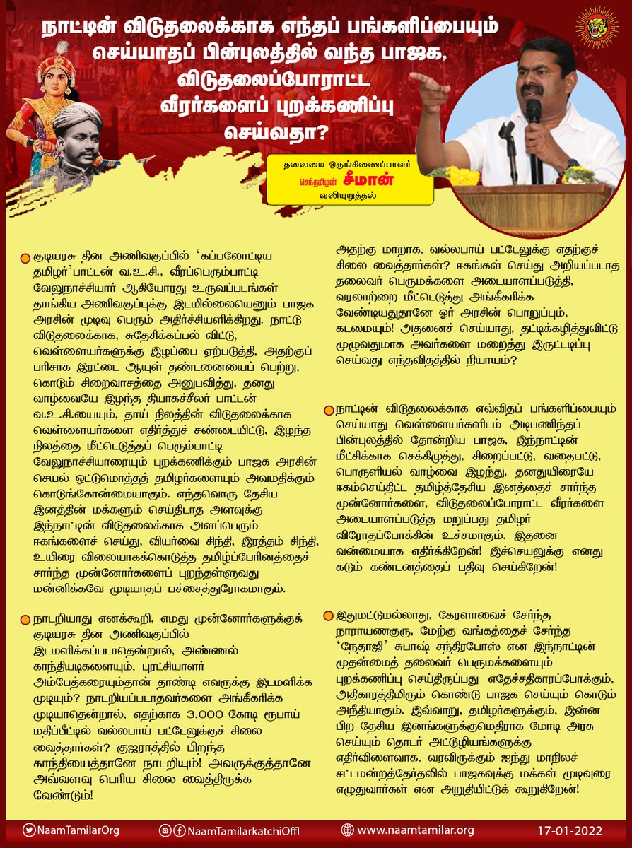 குடியரசு தின அணிவகுப்பில் பாட்டன் வஉசி, வீரப்பெரும்பாட்டி வேலுநாச்சியார், கேரளாவைச் சேர்ந்த நாராயணகுரு, மேற்கு வங்கத்தைச் சேர்ந்த நேதாஜி சுபாஷ் சந்திரபோஸ் ஆகியோரது உருவப்படங்கள் தாங்கிய அணிவகுப்புக்கு இடமில்லையெனும் பாஜக அரசின் முடிவு அதிர்ச்சியளிக்கிறது.

– சீமான் கண்டனம்!
