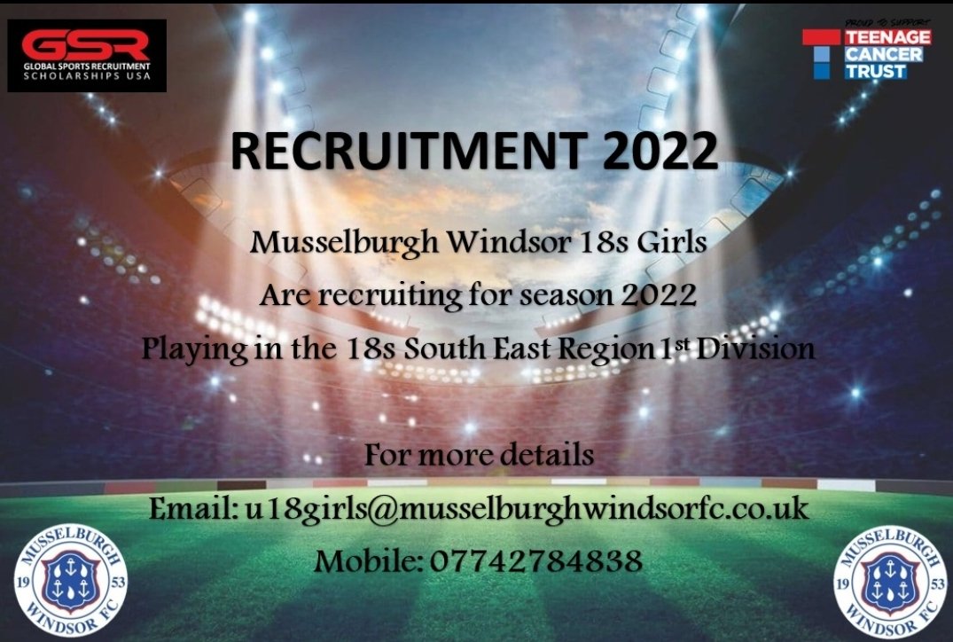 Musselburgh Windsor u18s are recruiting ...interested ?? Contact us direct here or via email or call/text 07742 784838 for more information