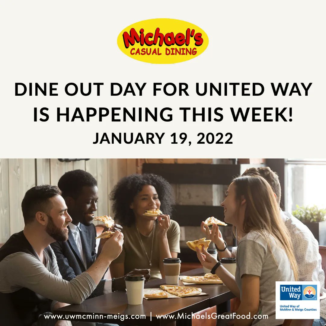 UWMcMinnMeigs's tweet image. Mark your calendars! 🗓 Dine Out Day is happening this week! We hope to see you all during lunch or dinner at Michael's. Remember - Michael's will donate a portion of their sales to United Way of McMinn &amp;amp; Meigs Counties.