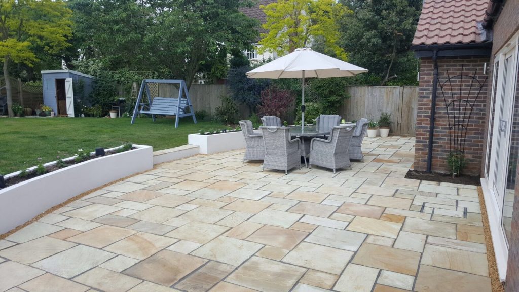Sandstone Patio &amp; Raised Beds 🏡

Paved a large 70m² semi-circular patio with Indian Sandstone slabs and built two clean white raised beds. 🤩
#landscaping #landscapedesign #Garden #patio #outdoors #Cambridgeshire