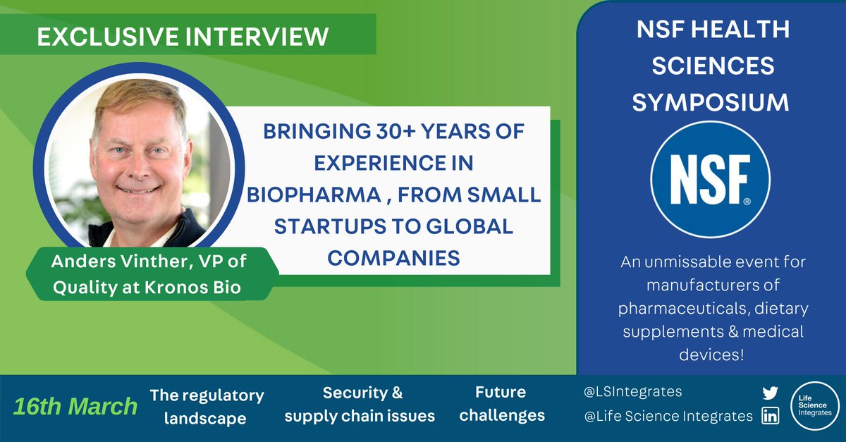 Announcing an interview with Anders Vinther at NSF Health Sciences Symposium, hosted with <a href="/NSF_Intl/">NSF</a>!
Anders, VP of Quality @KronosBio, has extensive experience in quality leadership at CMC Biologics, Novo Nordisk, Genentech, Roche &amp; Sanofi
Take a look:
lifescienceintegrates.com/nsf-health-sci…