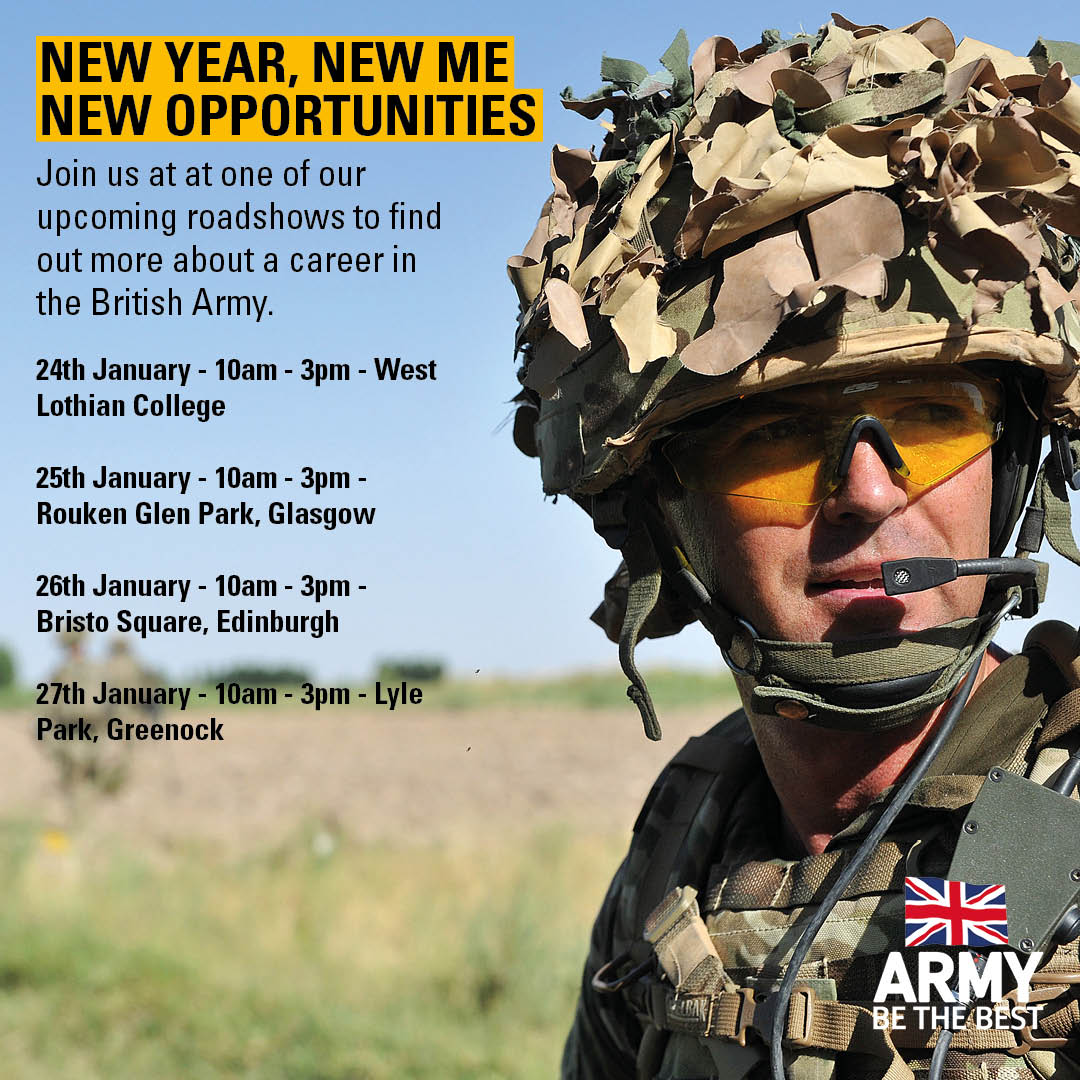 The SCOTS (@The_SCOTS) on Twitter photo 2022-01-17 10:26:06 Interested in new opportunities? Visit us at the times and locations below to talk to serving soldiers about a career in the @BritishArmy. 'Be the standard for others to follow.' Interested in new opportunities? Visit us at the times and locations below to talk to serving soldiers about a career in the @BritishArmy. 'Be the standard for others to follow.'