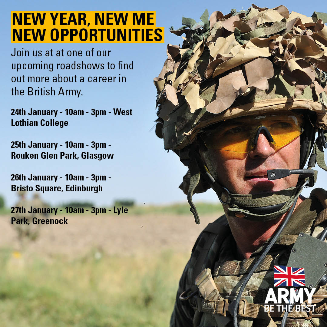 Interested in new opportunities? Visit us at the times and locations below to talk to serving soldiers about a career in the @BritishArmy. 'Be the standard for others to follow.'