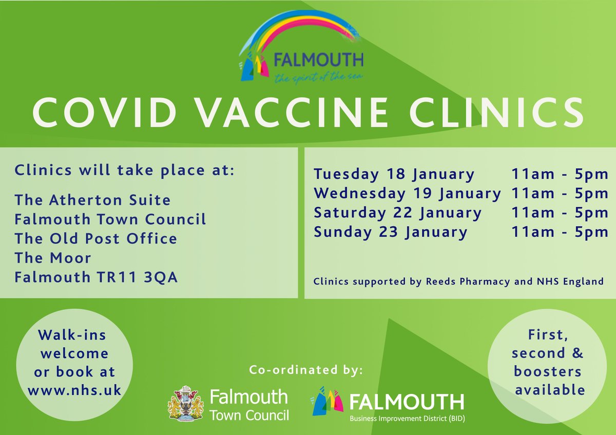 FalmouthTownUK's tweet photo. Just a reminder that the Covid vaccine clinics will be running again tomorrow, Tuesday 18th January. Walk-ins are welcome or pre-book at https://t.co/WMjppfTHeX. #lovefalmouth #doitforcornwall https://t.co/Ow0X8tK3md