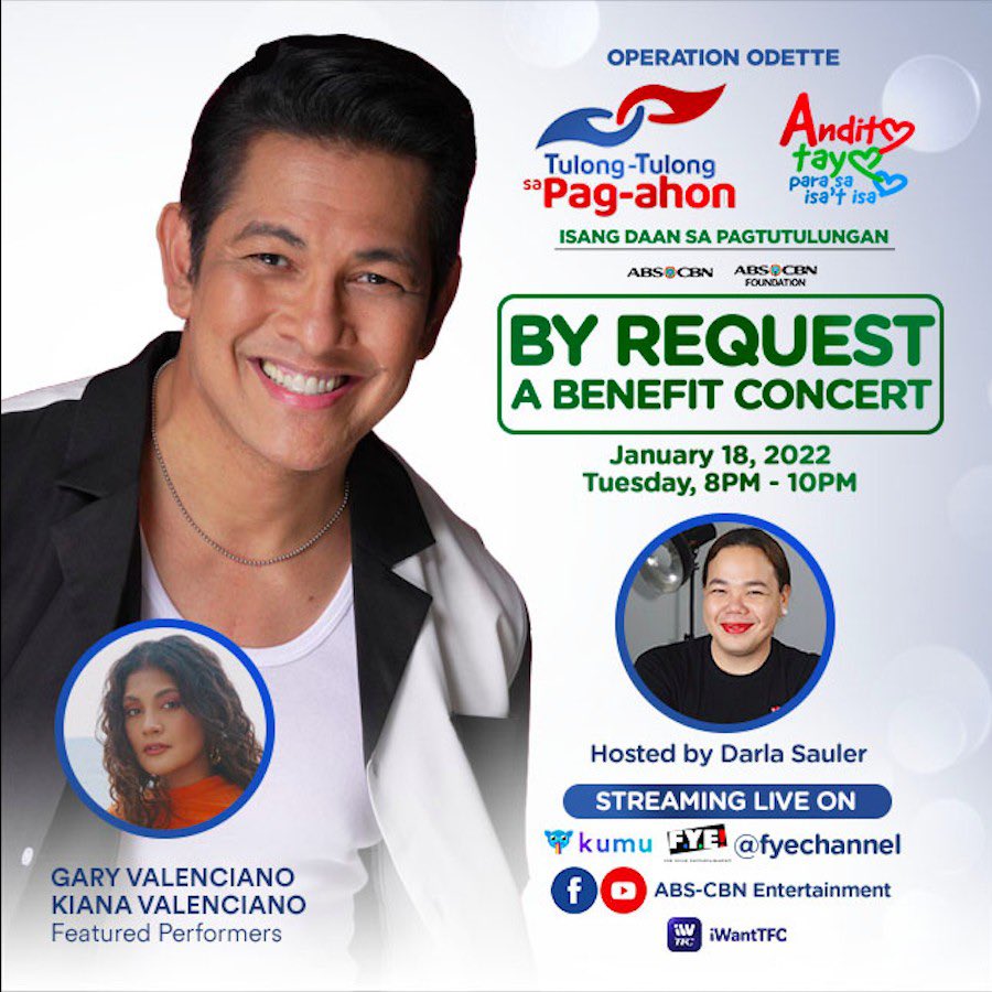 GaryValenciano1's tweet photo. For the typhoon Odette victims, this one is for you🙏🏼 Join @KianaVee &amp; me JAN 18 Tuesday 8PM on the @fyechannel on Kumu, ABS-CBN Entertainment on Youtube &amp; Facebook, &amp; iWantTFC for the @ASAPOfficial By Request Benefit Concert series!😊#TulongKapamilya #AnditoTayoParaSaIsatIsa https://t.co/SeIVzRZICW