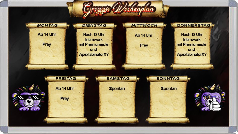GroggiLion's tweet photo. Hey ihr lieben, der neue Wochenplan ist da 17-23-01-2022 ! Gruß https://t.co/XBKFoZP5YB