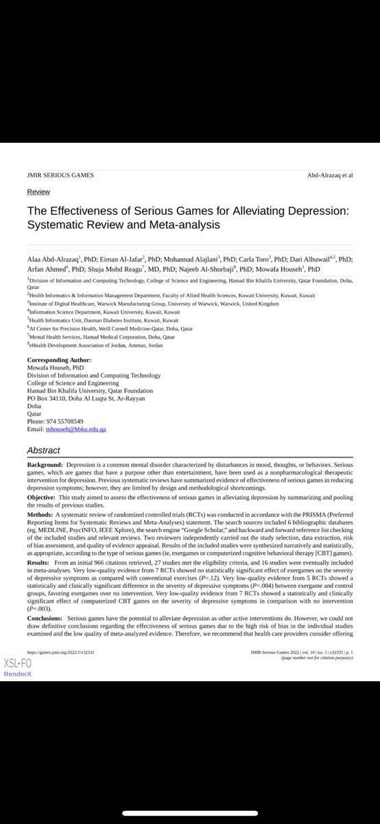 Our new publication. Serious Games and Depression