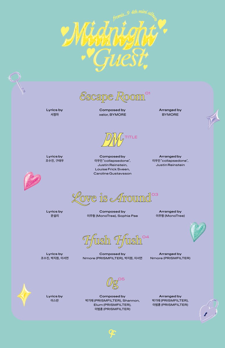 fromisnago's tweet photo. The tracklist for our fourth mini-album has been finally released! This album featured five total songs with DM as the title track. In addition, one of the songs, "Hush Hush", was written by our Jyeon-unnie and Syeon. Hearing this, don't you feel more excited, flo?♡ https://t.co/xRJ5vFQlND