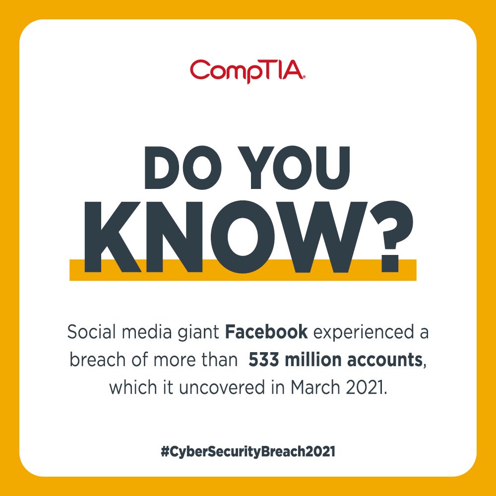 CompTIASpore's tweet photo. Tap on the link to read Largest Data Breaches and Hacking Statistics in the previous year : https://t.co/5kuqM1eQag
#CompTIA #Cybersecurity #DataBreach #CyberCrime #Cybersecuritystats #Cyberattacks #Cybersecuritybreach2021 https://t.co/UvGNfvP2pe