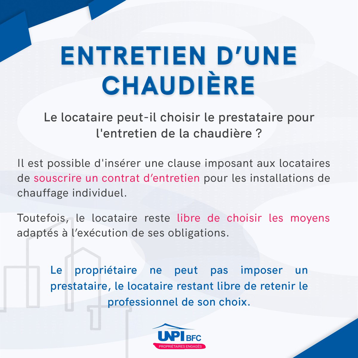 DijonUnpi's tweet photo. Le locataire a-t-il la possibilité de refuser le professionnel choisi par le propriétaire pour l'entretien de la chaudière ? 🤔

➡️ Adhérez à notre Association, nos professionnels de l’immobilier répondront à toutes vos questions : https://t.co/HxJ0T9mh2e

#UNPI #immobilier https://t.co/w5iCUtm710