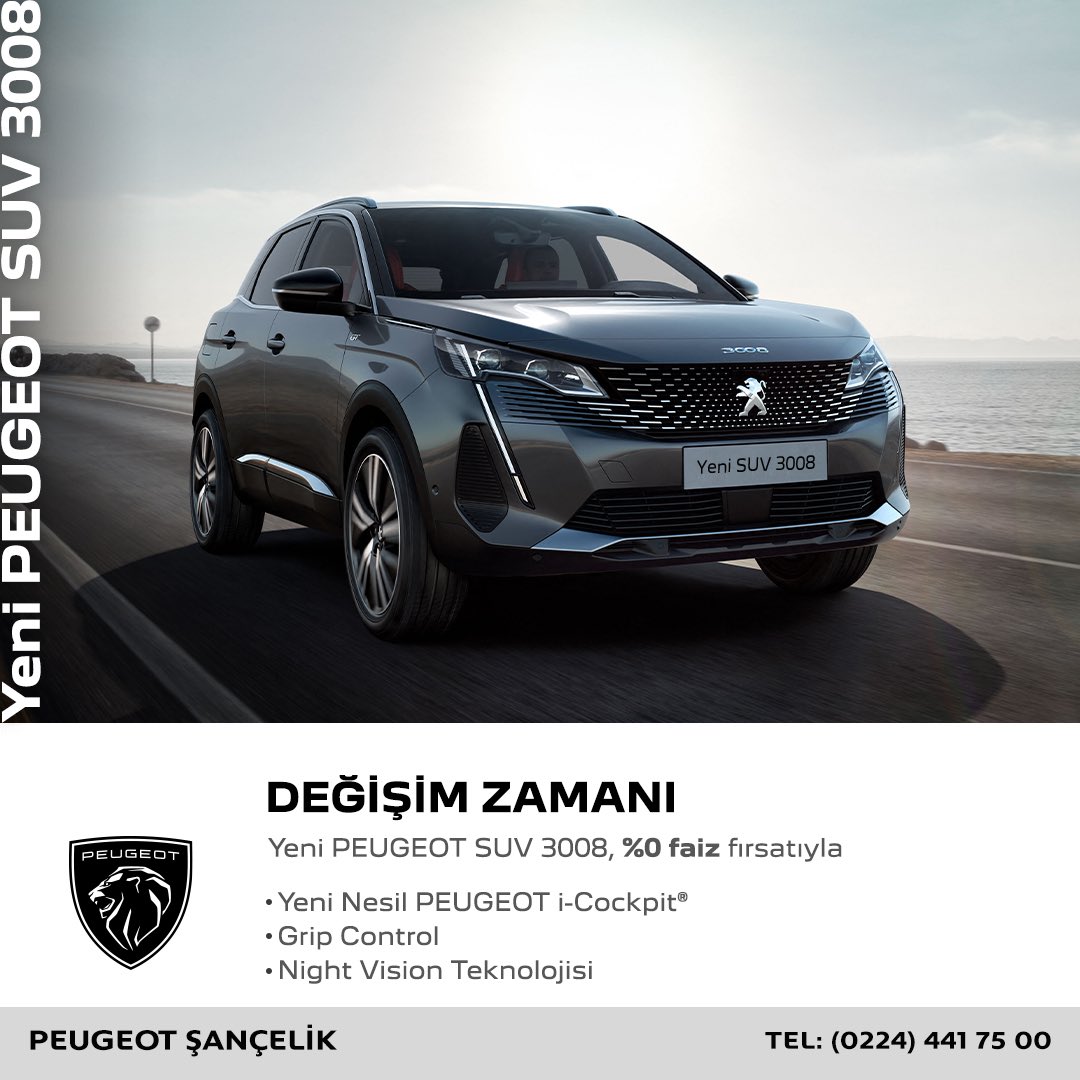 Değişim Zamanı

Yeni Peugeot Suv 3008, %0 faiz fırsatıyla
-Yeni Nesil Peugeot i-Cockpit
-Grip Control
-Night Vision Teknolojisi

detaylı bilgi için: 0224 441 7500
Şançelik Plaza İzmir Yolu 5.Km'de

#peugeot #otomobil #şançelik #bursa #auto #otomotiv
