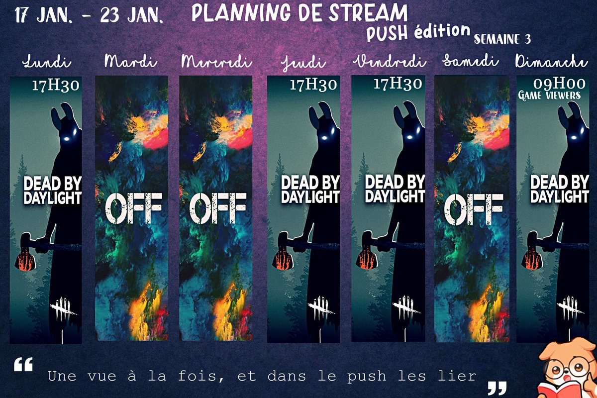 kierah__29's tweet image. 📌 PLANNING de #PushPartner #twitch 💜
17 JAN. - 23 JAN. 📝
Semaine 3⃣ - On lâche rien, l'objectif est à portée de main 🙏 Merci d'être là 🙏 
twitch.tv/kierah29