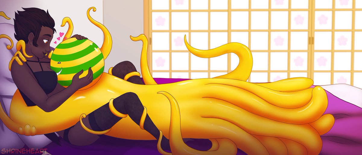 TheSinShrine's tweet photo. A commission for @TatterTotMinion of their character Crow and Korosensei snuggling. It seems the octopus might have other ideas in mind though. https://t.co/iVgrJUBF4S