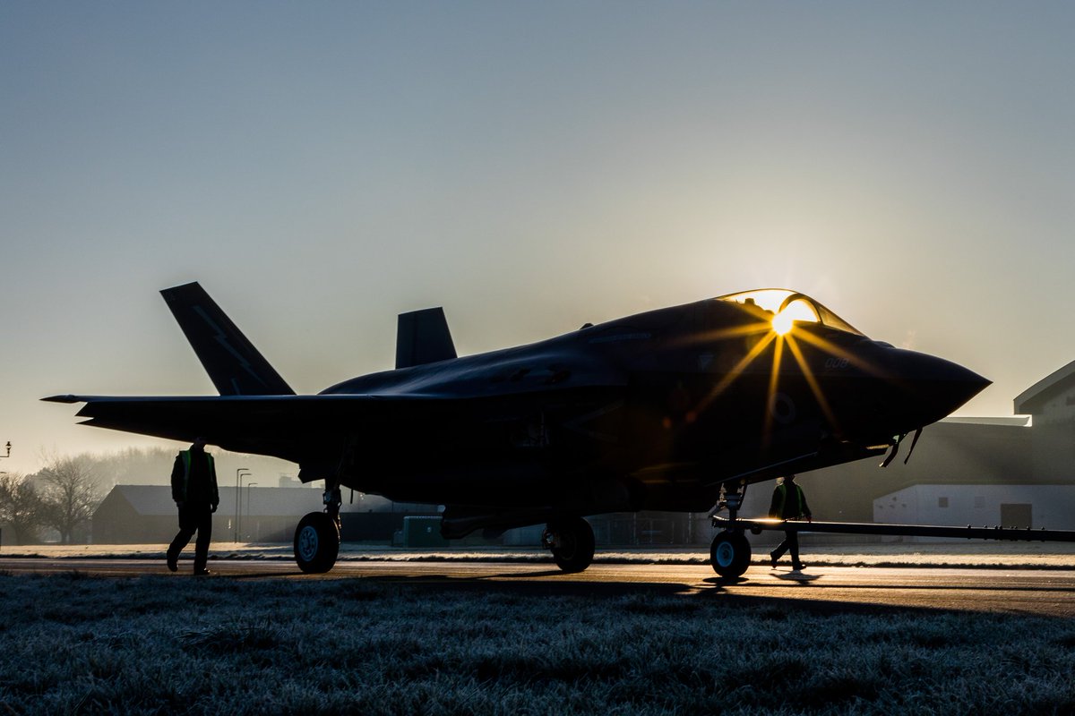 RAF_Marham's tweet photo. A stunning sunrise at @OC207Sqn last week, not unlike what we have here again this morning.

207 Squadron groundcrew can be seen here towing the aircraft from the hangar to the sun shelters ready for the flying programme.

Brilliant imagery from SAC Williams &amp; SAC Adams. https://t.co/3dzXbwvqfl