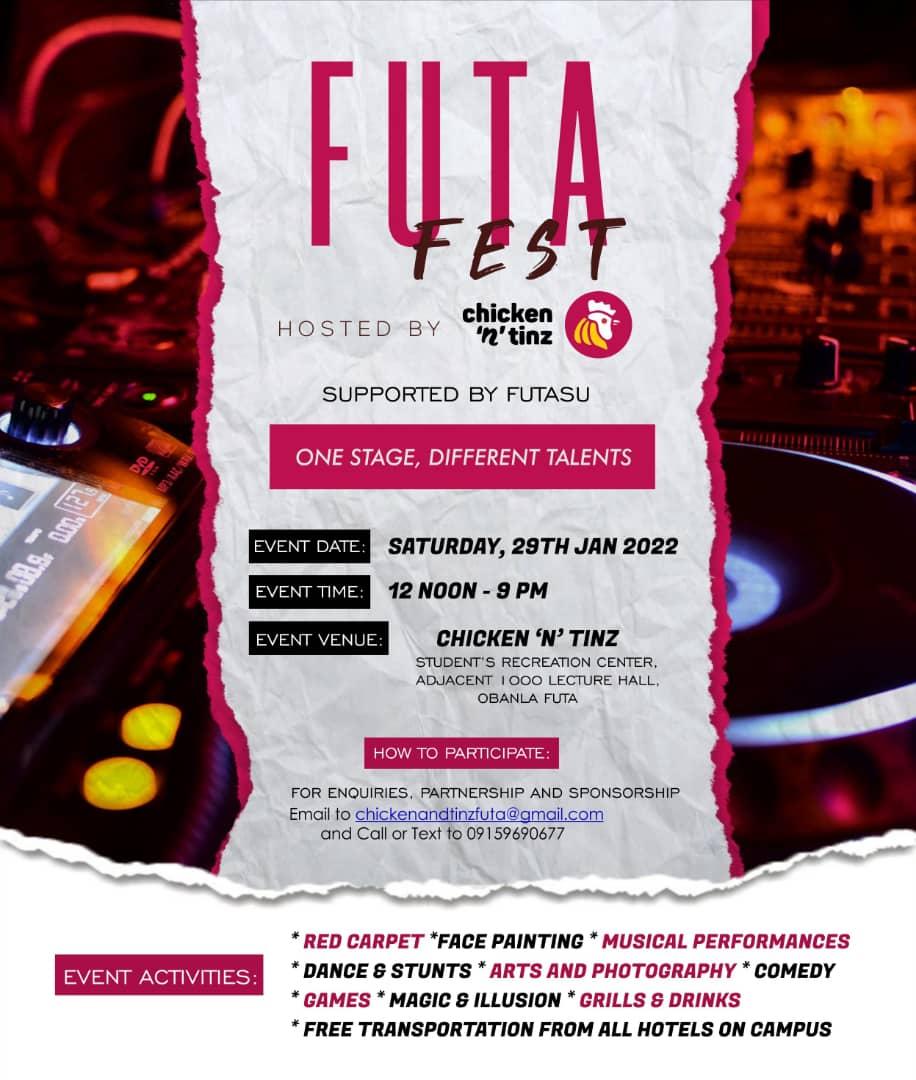 AKURECITY's tweet photo. A K U R E
Are you ready for the #FUTAFEST "22
Let go and have the best Massive Fun.
#Date- Saturday 29th Jan. 2022
#Time - 12.noon - 9pm
#Hosted by @Chickenandtinz
Futa Recreation Center, Adj. Futa 1000 lecture Hall, ObaNla Futa Akure.
#FUTAFEST22 #Futakure https://t.co/SF9KrsQmln