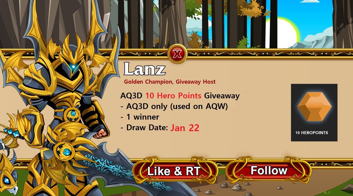 LanzAQW's tweet photo. 📢 AQ3D 10 Hero Points Giveaway

Prize:
- 1 x 10 Heropoints (AQ3D only)

Mechanics:
- Retweet &amp; Like
- Followers only for this
- Draw date: Jan 22

May the odds be in your favor 🥃 https://t.co/fUa0Qfjf4F