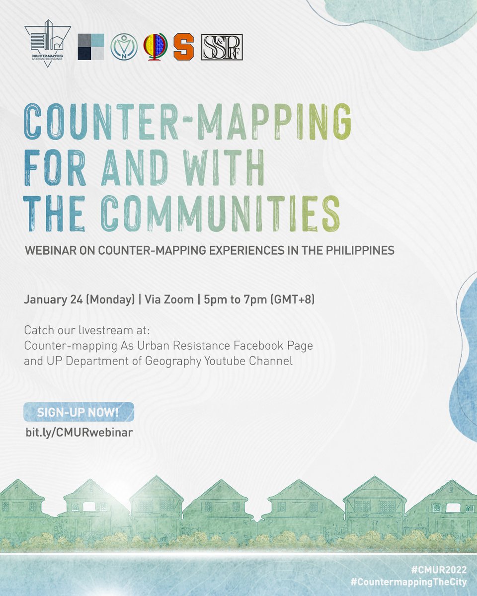 cmur2022's tweet photo. Counter-mapping for and with the Communities Public Webinar
As part of the Counter-mapping as Urban Resistance Seminar Series, we are having this public webinar on 24 January 2022 from 5:00 PM to 6:30 PM (GMT+8).
#CMUR2022
#UrbanResistance
#CountermappingTheCity https://t.co/UX8X3K84ac