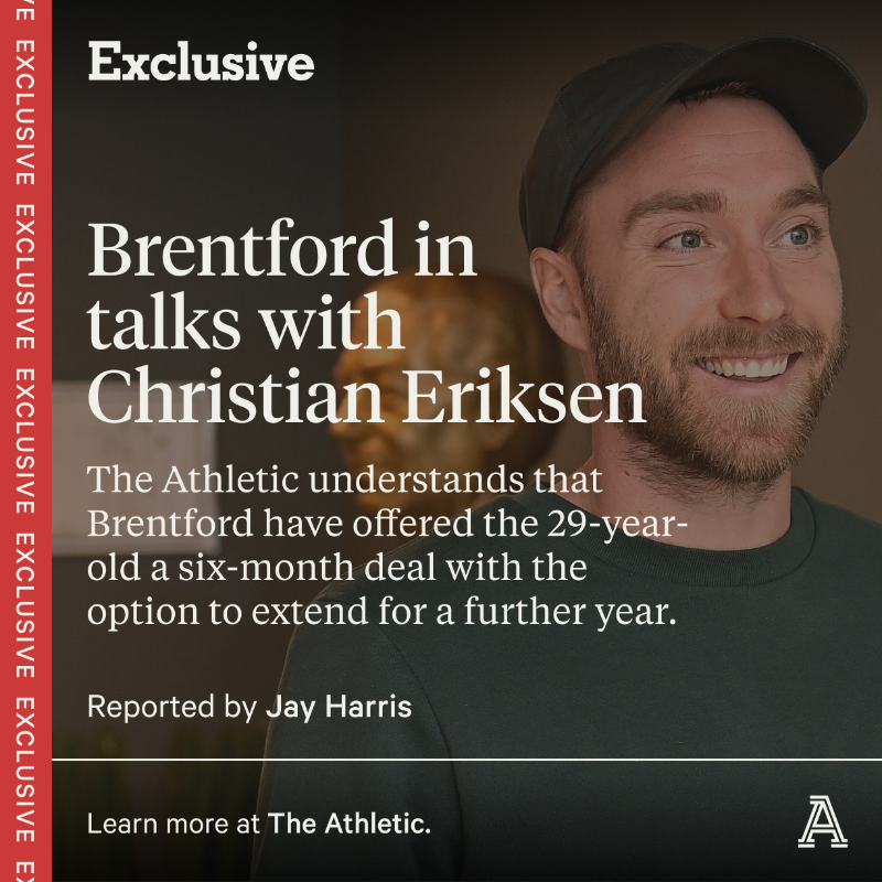 TheAthleticFC's tweet photo. EXCLUSIVE | Brentford are in talks with Christian Eriksen over a return to the Premier League.

The Athletic understands that Brentford have offered the 29-year-old a six-month deal with the option to extend for a further year.

More from @jaydmharris