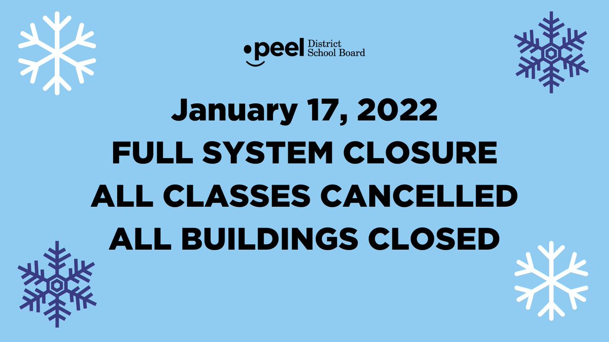 Due to inclement weather conditions, all PDSB schools and buildings are closed today. All buses are cancelled. Closure of all schools means cancellation of all activities in schools, including childcare, night school and permits. NO CLASSES WILL BE HELD IN PERSON OR ONLINE.