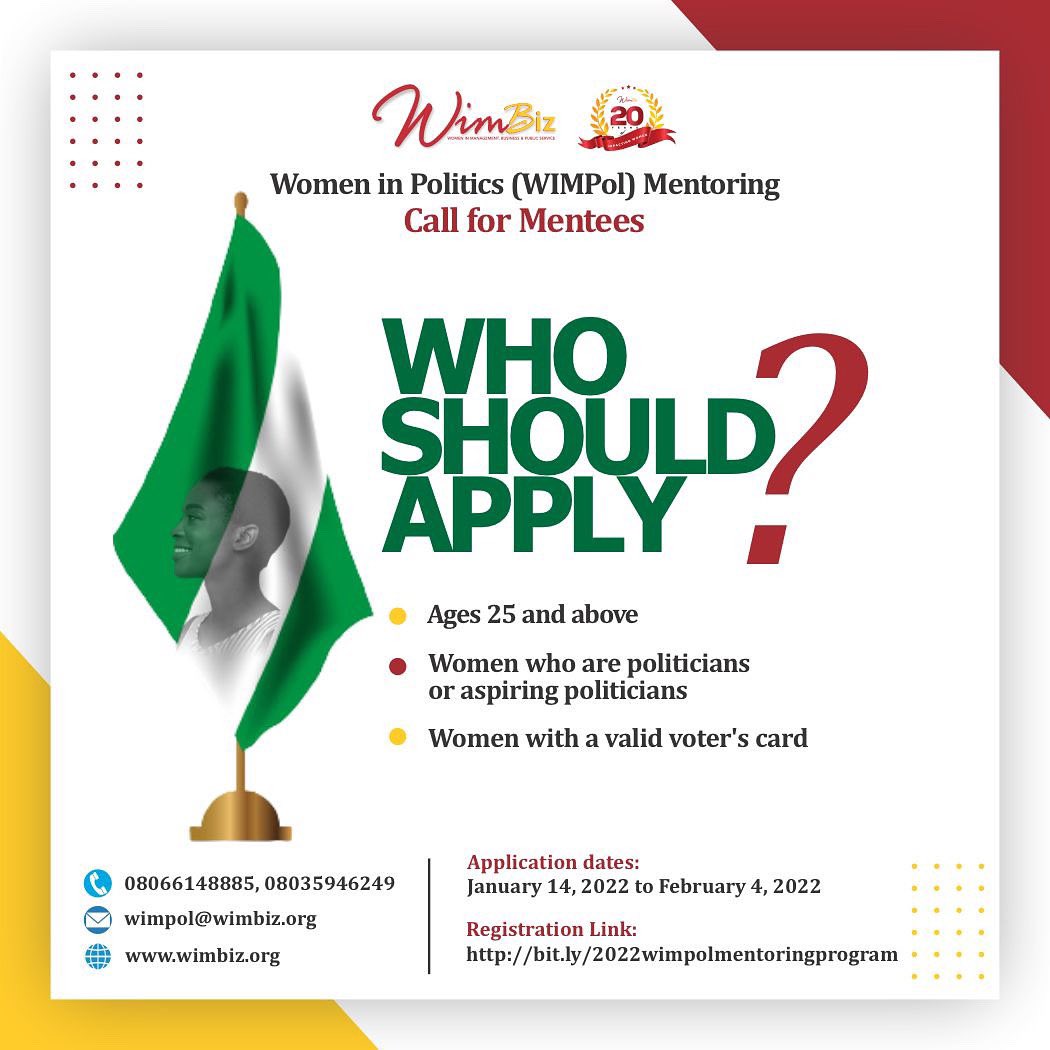 Wimbiz's tweet photo. WIMPol CALL FOR MENTEES
Introducing the Women in Politics (WIMPol) Mentoring Program!
Registration is FREE!
Click the link https://t.co/17Kd0tN28I to register.
#WIMPolMentoring2022 #WIMPol #WIMBIZ2022 #WIMBIZNG https://t.co/oCzE1P2wbe