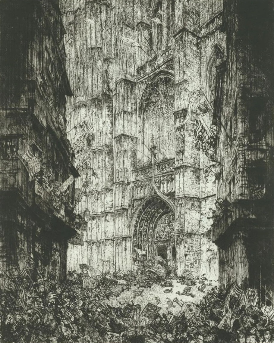 In the shadow of Gravensteen Castle. Jules De Bruycker -- Belgian graphic artist, etcher, painter and draughtsman -- captures the bleak and dreary atmosphere around parts of his home city of Ghent. He was also an expert at drawing the various gothic cathedrals of Europe.