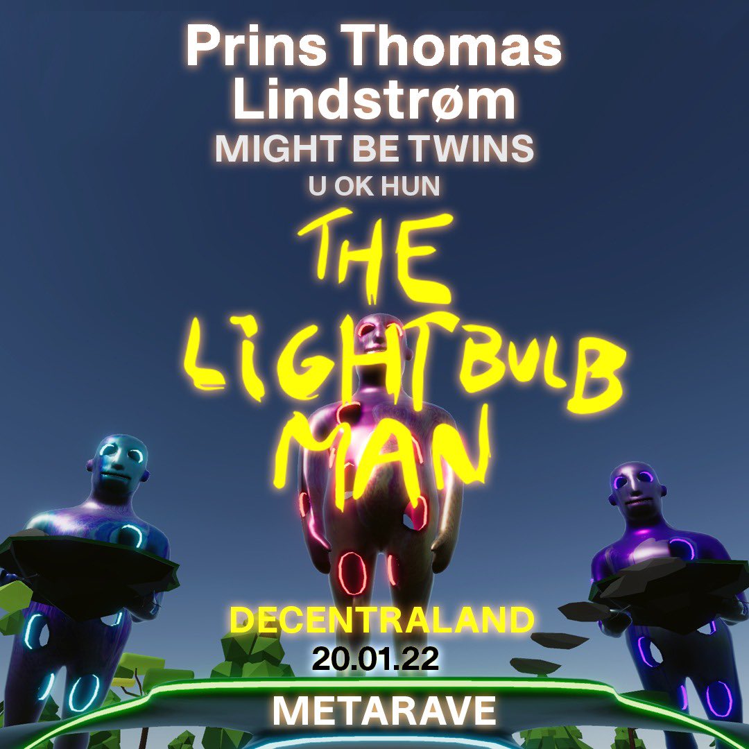 LightbulbmanNFT's tweet photo. We’re enlightened to share with you the line up for the HateF*ck #MetaRave in decentraland.

featuring some of the worlds greatest DJs, POAPs, art by #BjarneMelgaard and the best community in the space.

20.01.22 https://t.co/7z6BEqo0Az