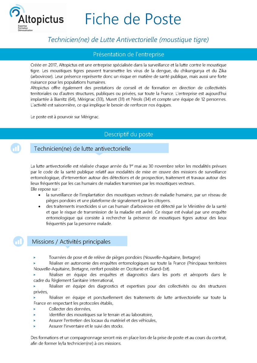 altopictus's tweet photo. 📢Nous recrutons un(e) technicien(ne) pour la surveillance du #moustiquetigre et la #lutteantivectorielle pour notre agence de #Mérignac.  Candidatures souhaitées au plus tard le 07/02.
#aedesalbopictus #recrutement https://t.co/jeDkucr1ET