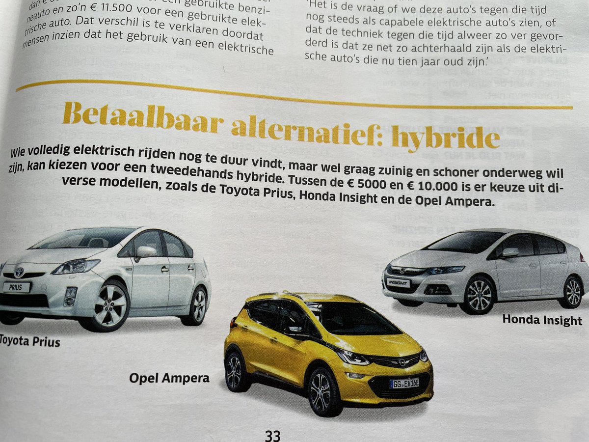 Hey <a href="/ANWB/">anwb</a>, aardig artikel over #EVs, maar die foto klopt niet… De afgebeelde auto is een @Opel_Nederland Ampera-E. Dat is een full ev. De “gewone” Ampera had inderdaad een range extender.