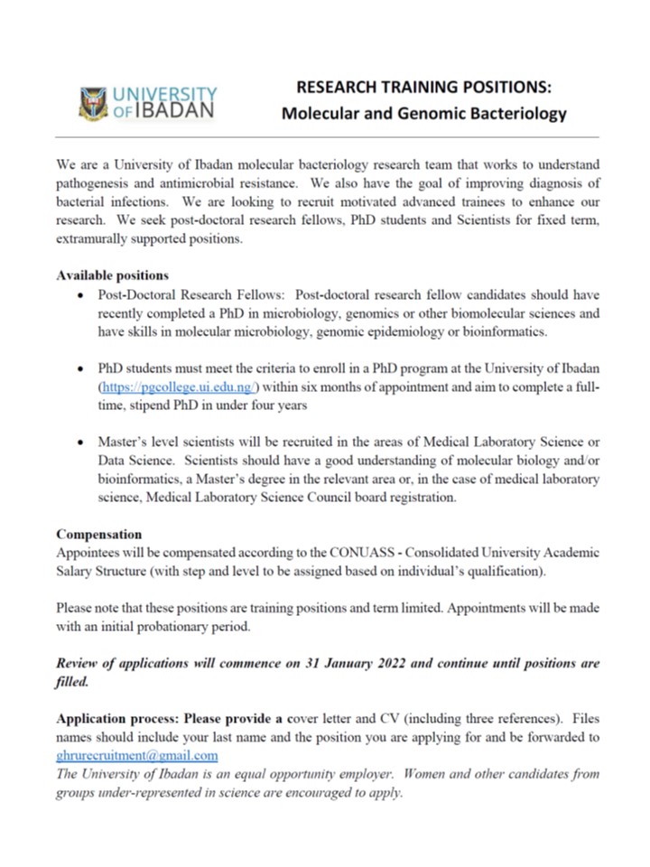 Iruka Okeke (@iruka_okeke) on Twitter photo Interested in doing bacterial genetics and genomics <a href="/UniIbadan/">University of Ibadan</a> and building your career? If you like bacteria, genomes or both, and have a foundation in molecular science and microbiology, consider joining us - we have a few positions open! Interested in doing bacterial genetics and genomics <a href="/UniIbadan/">University of Ibadan</a> and building your career? If you like bacteria, genomes or both, and have a foundation in molecular science and microbiology, consider joining us - we have a few positions open!