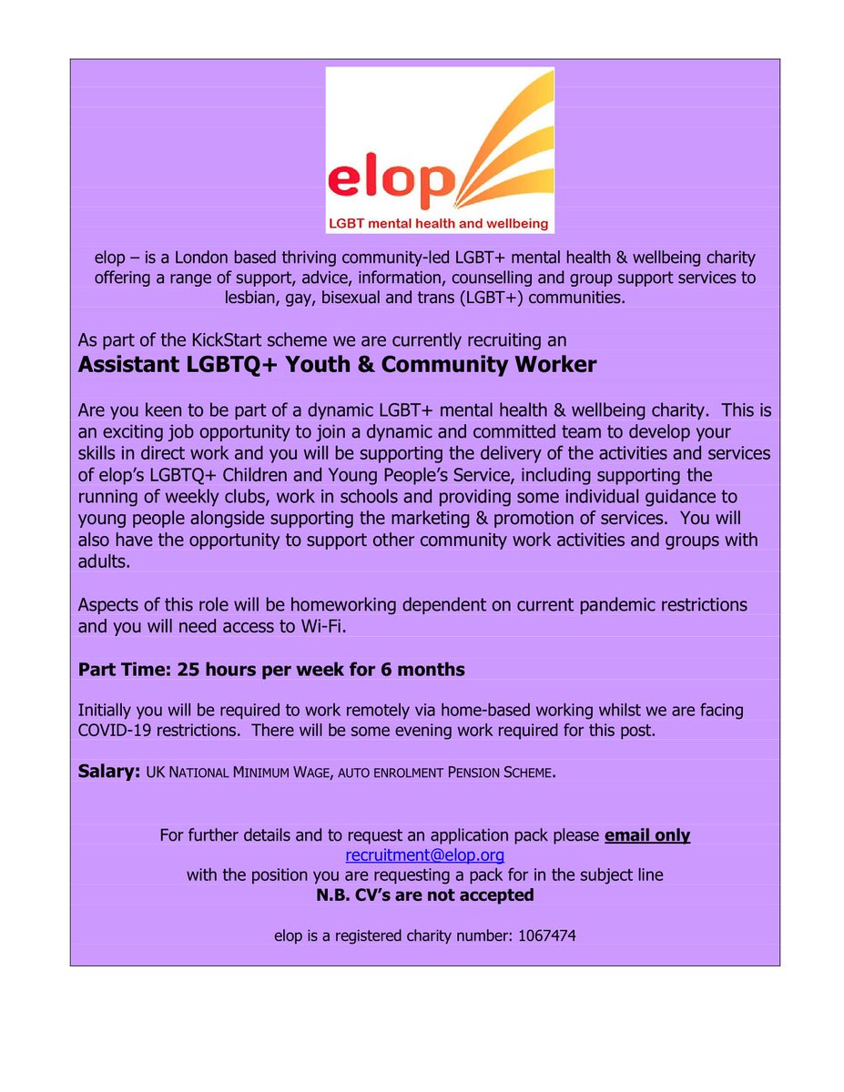 ELOP_LGBT's tweet photo. Are you 18-25 and looking for work. We have two posts now live. Come & join the elop team: Admin assistant post & youth & community assistant post. Enquire through your job centre & ask about working for elop as part of Kickstart
#QueerStart #LGBT+ https://t.co/sz1H8MO8eC