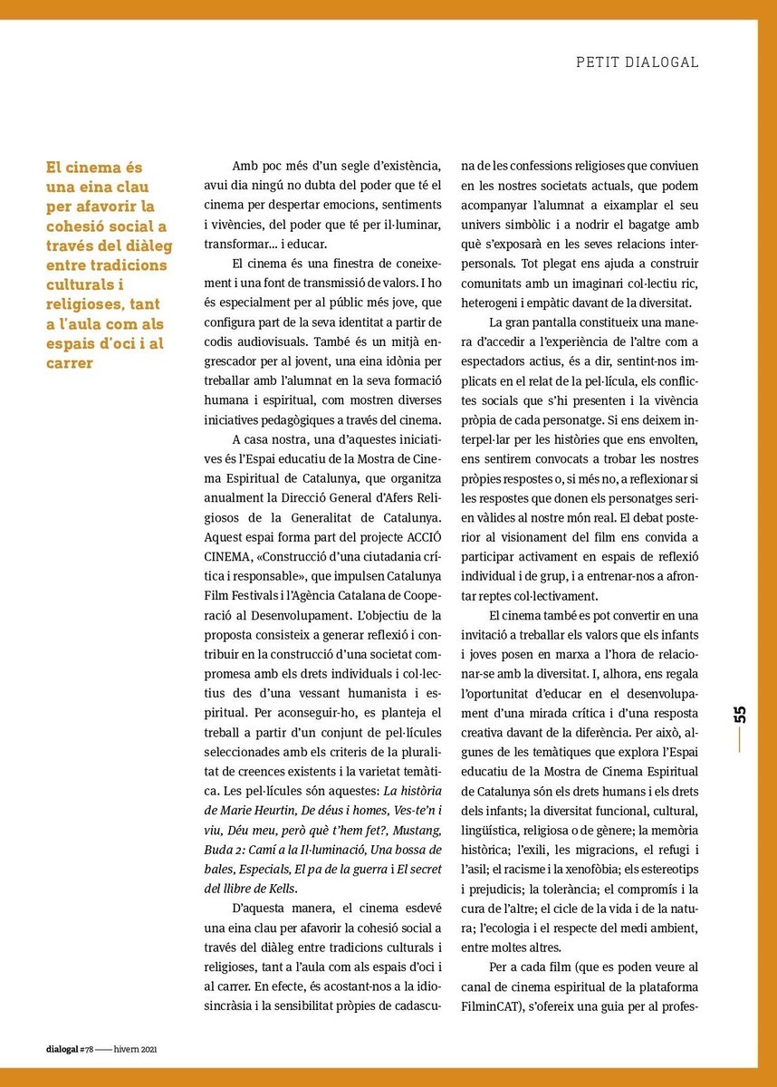 afersreligiosos's tweet photo. 🎬“Educar l’espiritualitat a través del cinema”. Aquest és el títol de l’article que la directora @YvonneGriley publica al darrer número de @dialogal_ Explica en què consisteix l’Espai Educatiu que #AfersReligiosos ha publicat al portal https://t.co/s4Fpb739dP https://t.co/yAi4Arijoo