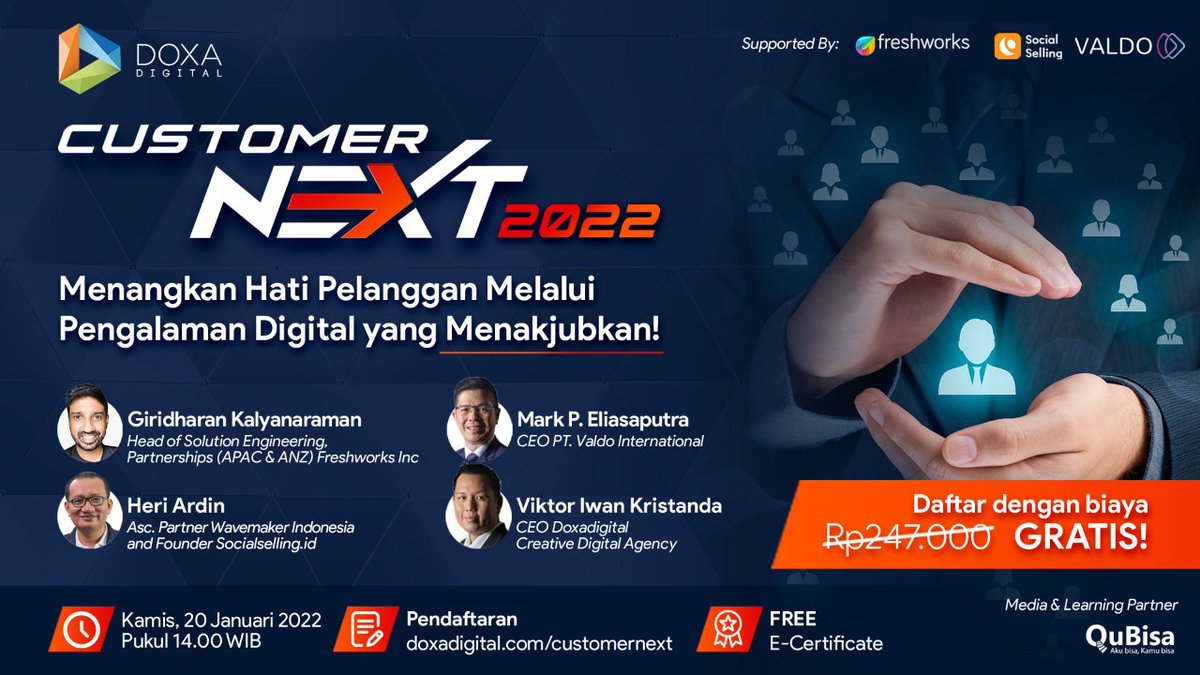 Dapatkan Ide dan Tips terbaru tentang mendatangkan pelanggan loyal dalam bisnis Anda di tahun 2022!

Book your seat now and see you!🚀 
🗓️ 20 Januari 2022
🕐 14.00 - 16.00

#doxadigital #doxawalkthetalk #freshworks #customerexperience #customerjourney #customer #digitalmarket