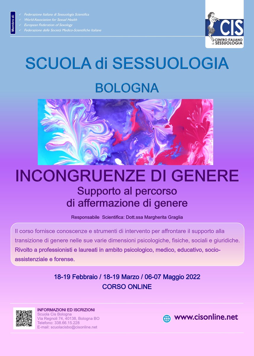 CORSO DI FORMAZIONE ONLINE
"INCONGRUENZE DI GENERE
Supporto al percorsodi affermazione di genere"
Responsabile Scientifica: Dott.ssa Margherita Graglia
18-19 Febbraio / 18-19 Marzo / 06-07 Maggio 2022
#transgender #disforia