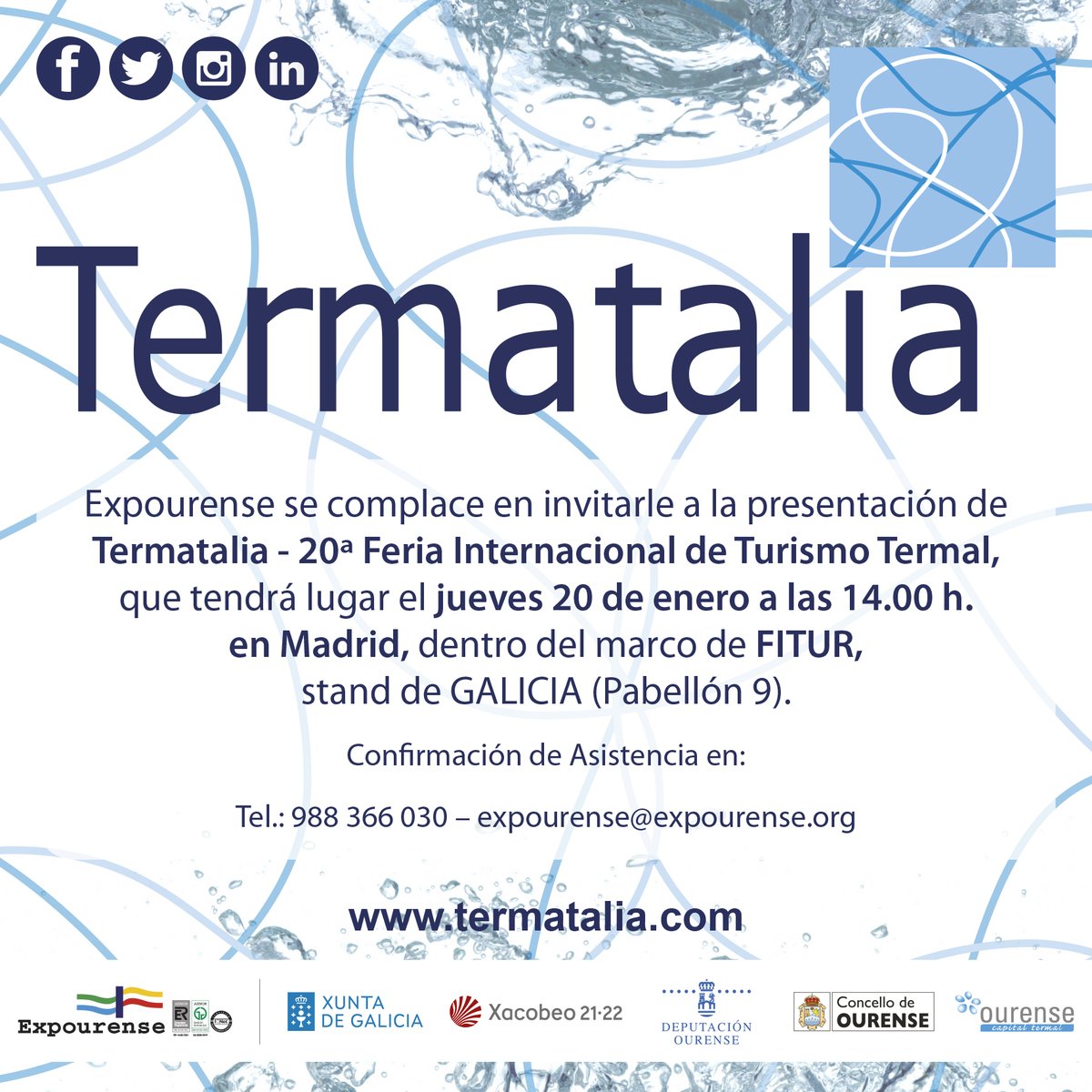 EXPOURENSE's tweet photo. Arrancamos la semana en que se celebrará @fitur_madrid. Recordad que @EXPOURENSE presenta este jueves, 20 de enero, sus dos ferias internacionales de turismo: @Termatalia (14.00 h.) y @XANTAREXPO  (14.30 h.). Las dos seguidas para facilitaros la asistencia! Os esperamos! https://t.co/MuJSZ0muG9