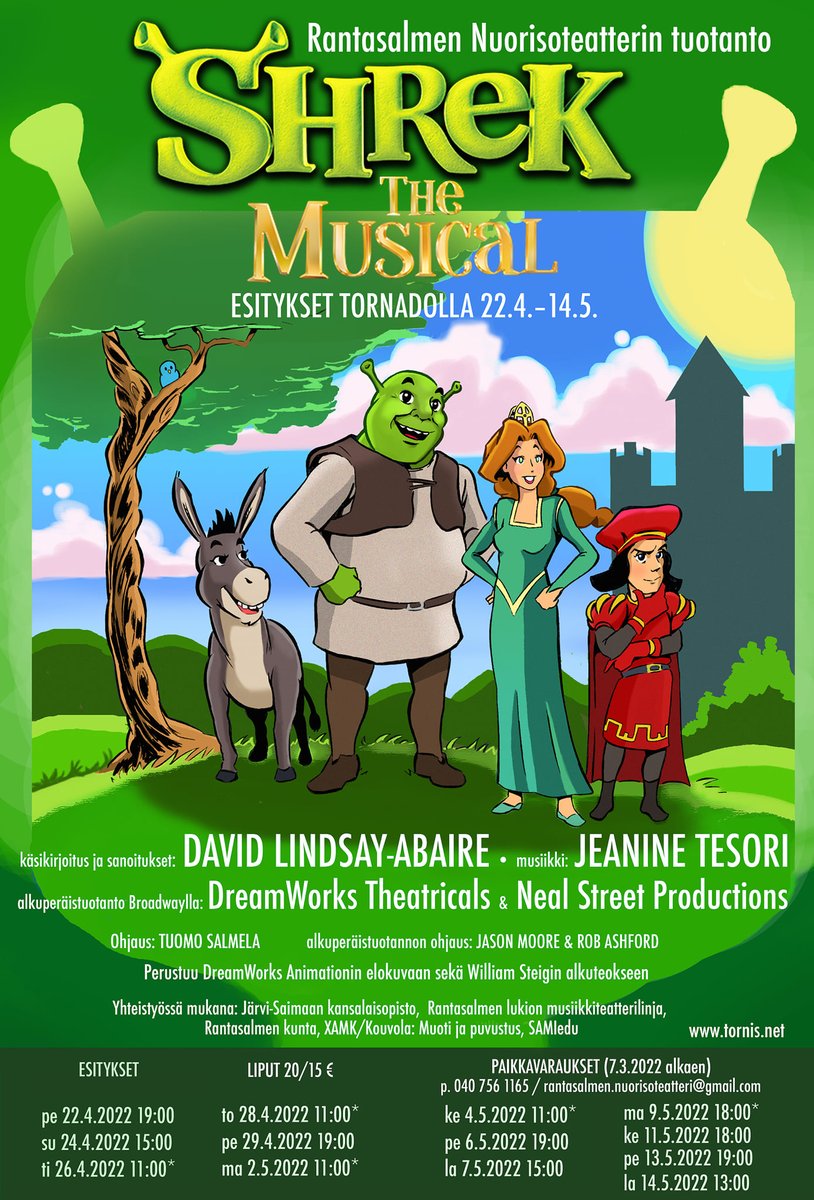 IkonenMarja's tweet photo. Tällaista tänä keväänä, jos korona suo! #Shrek #Rantasalmenlukio #Järvisaimaankansalaisopisto #Rantasalmennuorisoteatteri #Rantasalmi #musikaali #musiikkiteatteri #yhteishaku https://t.co/NX9vzhq9qy