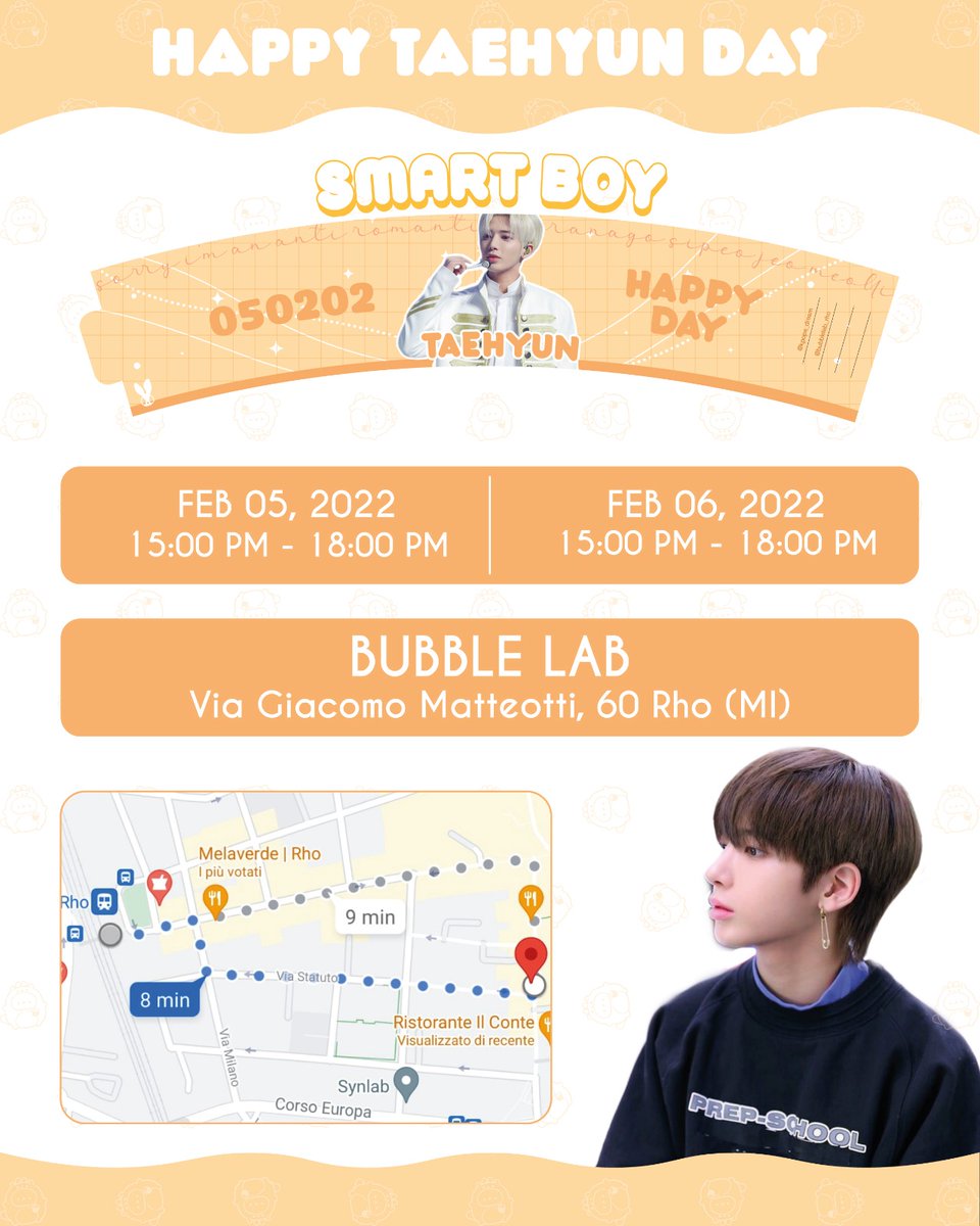 Kpops_Dream's tweet photo. 🧡 EVENTO TAEHYUN 🧡

📍Via Giacomo Matteotti 60, Rho (Mi)

🗓 Sabato 5 e Domenica 6 febbraio dalle 15:00 alle 18:00

🎁 Con l'acquisto di un BUBBLE TEA in omaggio un Cup Sleeve personalizzato per l'evento, un banner e una photocard.

#TOMORROW_X_TOGETHER #TAEHYUN #TXT_TAEHYUN https://t.co/cLVQp7rruV