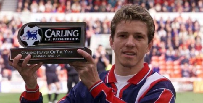 90sfootball's tweet image. Juninho with his Carling Player of the Year Award in 1996/97. (via @FootballRemind)