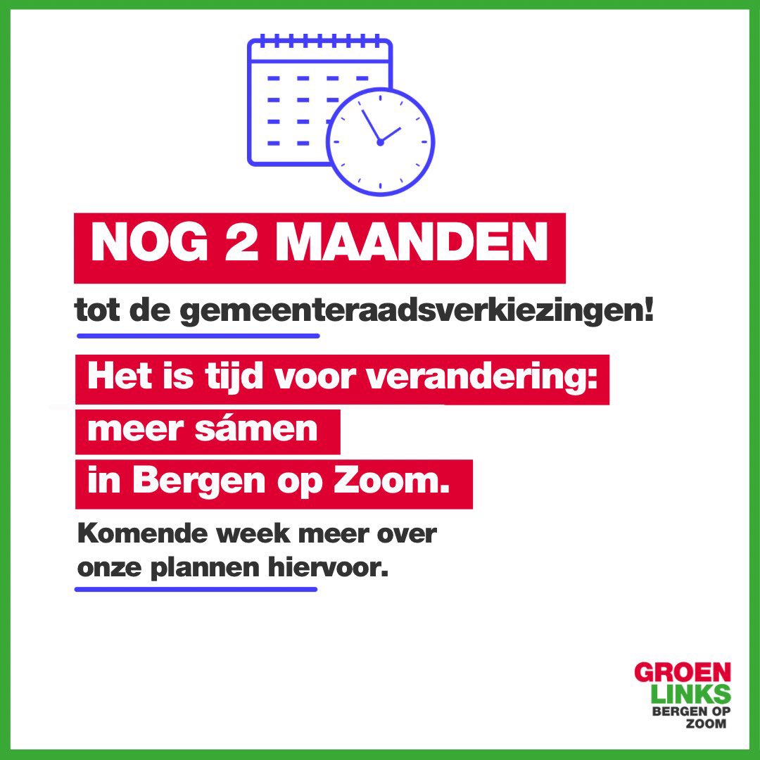 GroenLinks_BoZ's tweet photo. Nog 2 maanden tot de gemeenteraadsverkiezingen!
Het is tijd voor verandering in Bergen op Zoom: meer samen. Komende week delen we ons programma vol plannen รฉn kom je meer te weten over onze mensen op wie je 16 maart kunt stemmen! #GR2022 #GroenLinks #BergenopZoom #meersamen https://t.co/Gg1TdQw2am