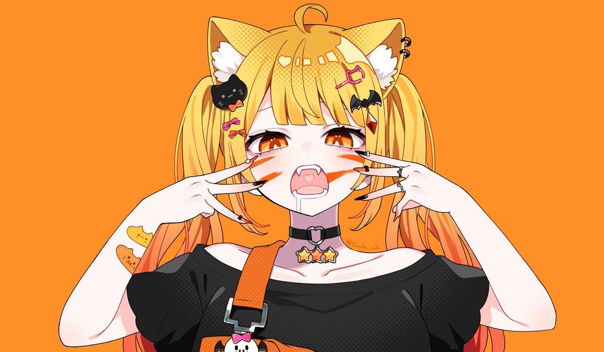 yozora mel 1girl animal ears solo orange background cat hair ornament choker twintails  illustration images