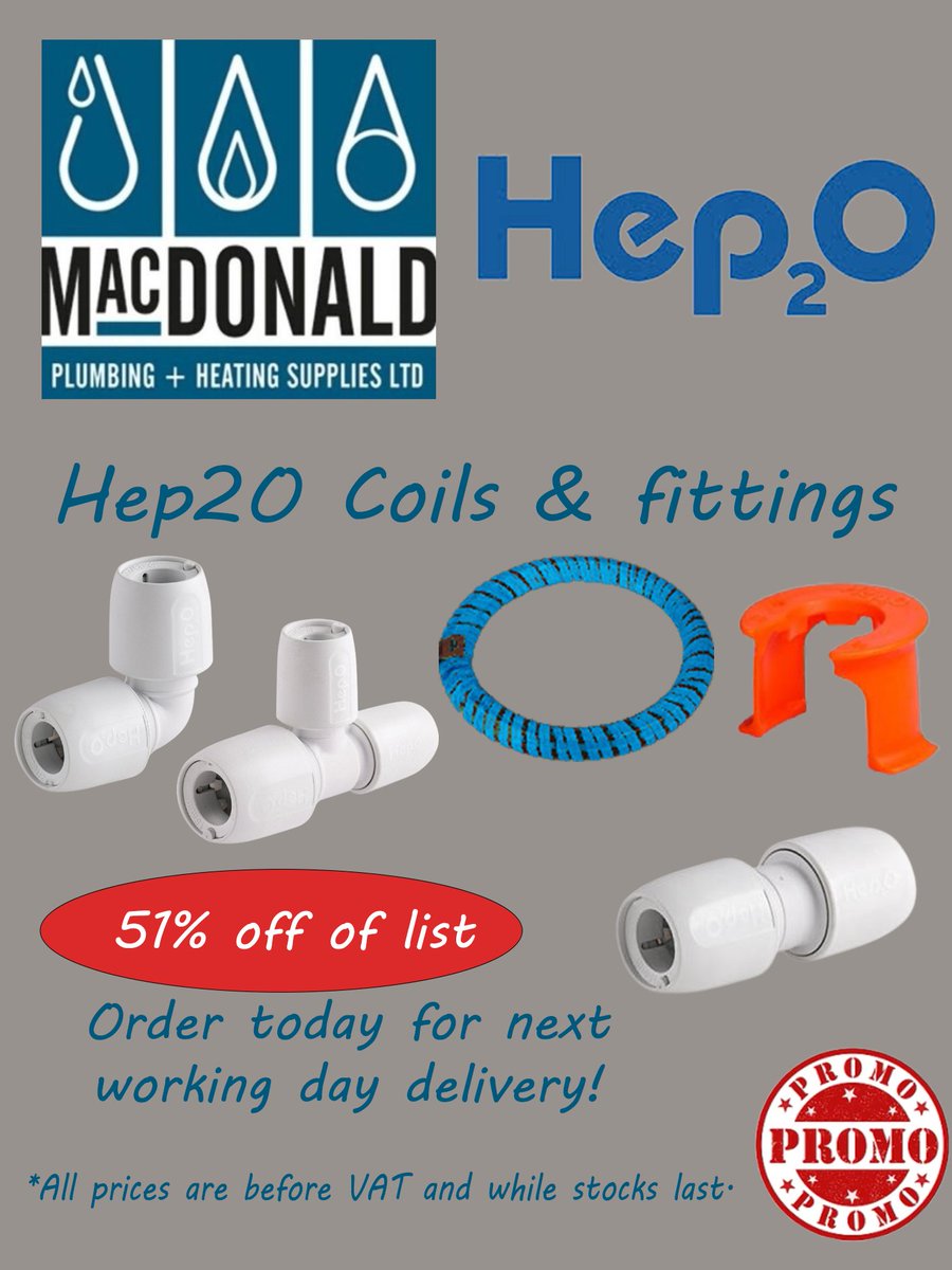 We have Hep2O currently at 51% off of list for all coils and fittings. All stocked items are next day delivery plus delivery is FREE if the order is over £50 including VAT. Take a look now, follow the link macdonaldplumbingsupplies.com/hep2o-m4
<a href="/Hep2O/">Hep2O Plumbing</a>
 
<a href="/WavinUK/">Wavin UK</a>