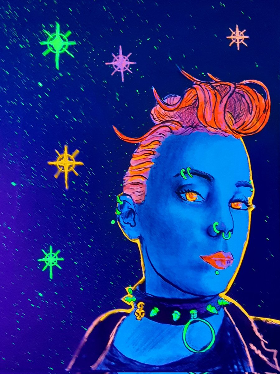 EyeMatter's tweet photo. Ive yet to move into the digital realm of drawing, especially after years of working with neon's and blacklight paint to make regular drawings look as if digitally created. nor have   I ever sold any of these, i gave them away to the person they depict. how can i make these NFTs? https://t.co/dRg5eTPCha