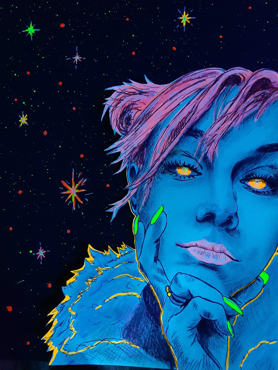 EyeMatter's tweet photo. Ive yet to move into the digital realm of drawing, especially after years of working with neon's and blacklight paint to make regular drawings look as if digitally created. nor have   I ever sold any of these, i gave them away to the person they depict. how can i make these NFTs? https://t.co/dRg5eTPCha